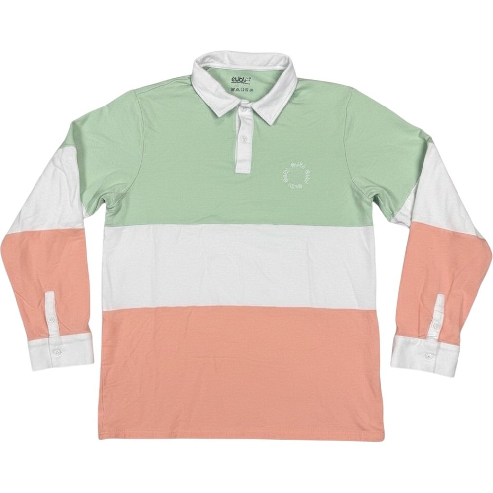 Eubi Mens XL Colorblock Long Sleeve Polo Shirt Bamboo Blend Green White Peach